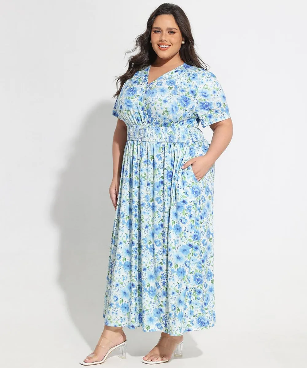 CARCOS Plus Size Dresses for Curvy Women V Neck Summer Maxi Dress Short Sleeve Floral Boho Dress Smocked Waist Beach Dress