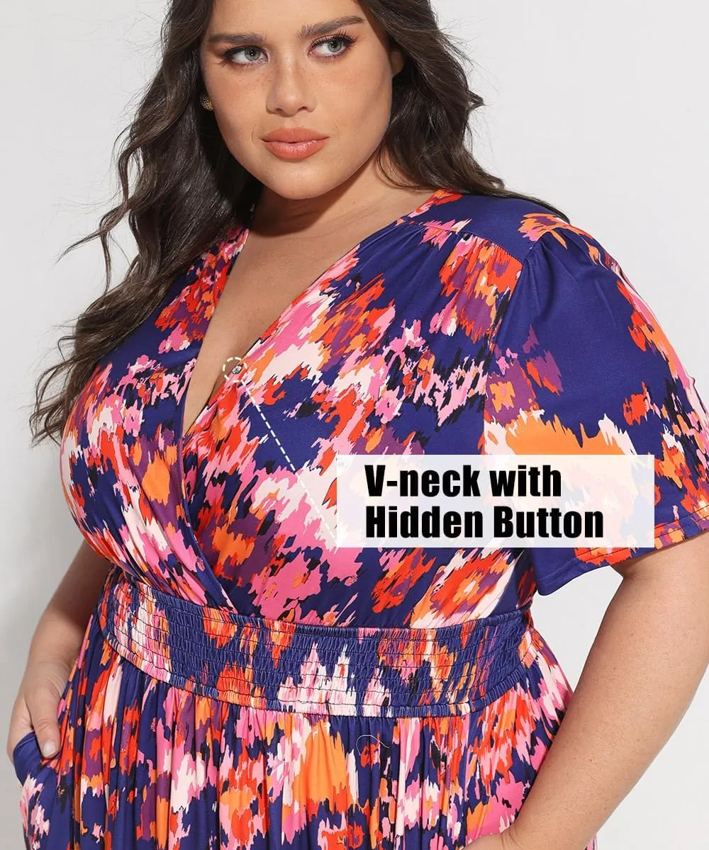 CARCOS Plus Size Dresses for Curvy Women V Neck Summer Maxi Dress Short Sleeve Floral Boho Dress Smocked Waist Beach Dress