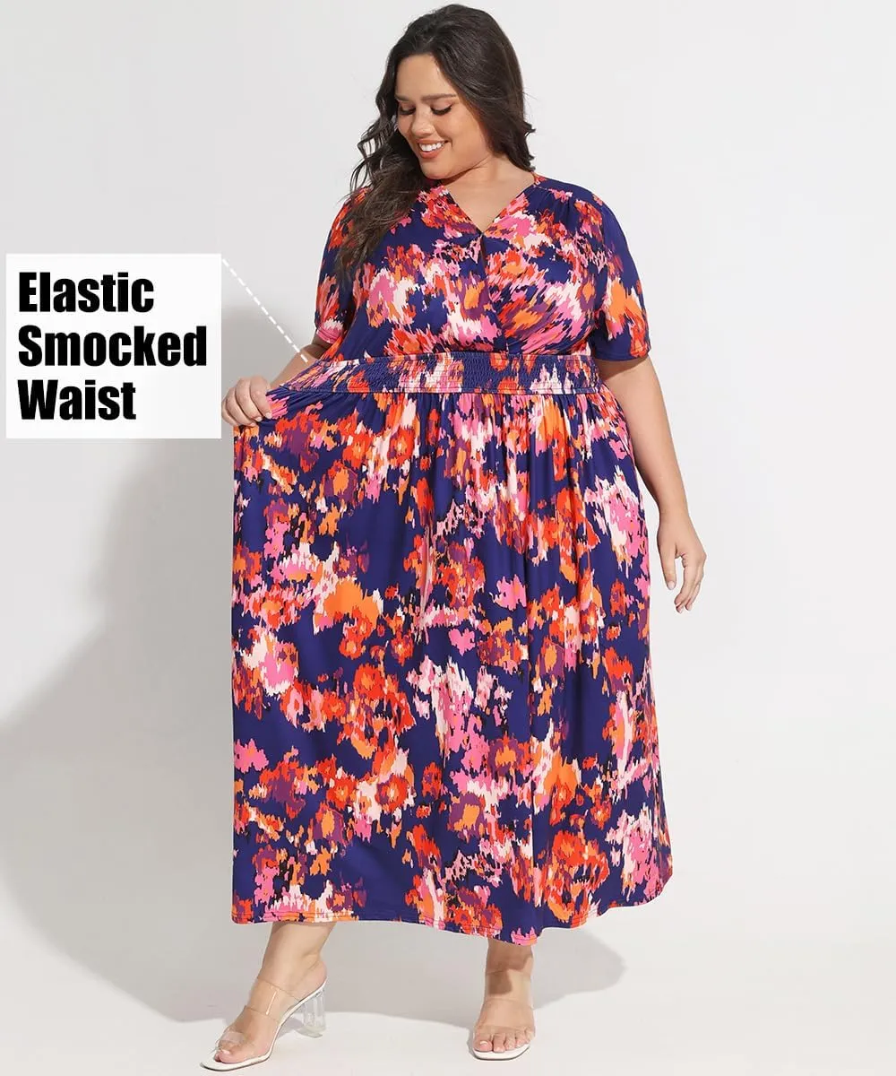CARCOS Plus Size Dresses for Curvy Women V Neck Summer Maxi Dress Short Sleeve Floral Boho Dress Smocked Waist Beach Dress