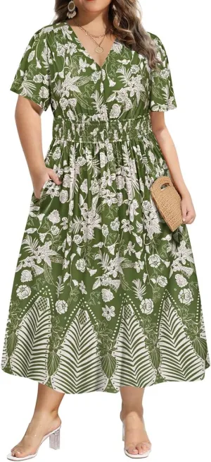 CARCOS Plus Size Dresses for Curvy Women V Neck Summer Maxi Dress Short Sleeve Floral Boho Dress Smocked Waist Beach Dress