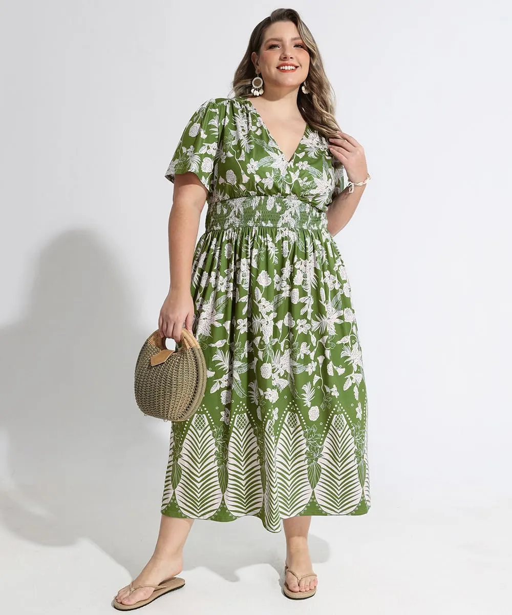 CARCOS Plus Size Dresses for Curvy Women V Neck Summer Maxi Dress Short Sleeve Floral Boho Dress Smocked Waist Beach Dress