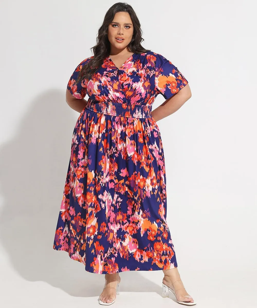 CARCOS Plus Size Dresses for Curvy Women V Neck Summer Maxi Dress Short Sleeve Floral Boho Dress Smocked Waist Beach Dress