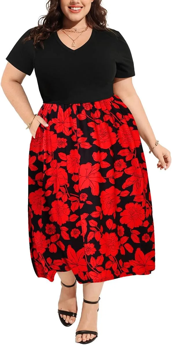CARCOS Plus Size Dresses for Women Summer Short Sleeve V Neck Patchwork Dresseses XL-5XL