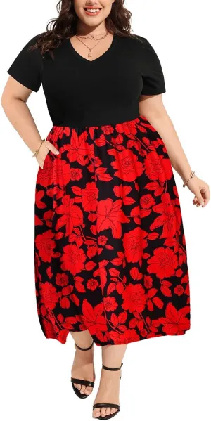 CARCOS Plus Size Dresses for Women Summer Short Sleeve V Neck Patchwork Dresseses XL-5XL