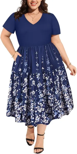 CARCOS Plus Size Dresses for Women Summer Short Sleeve V Neck Patchwork Dresseses XL-5XL