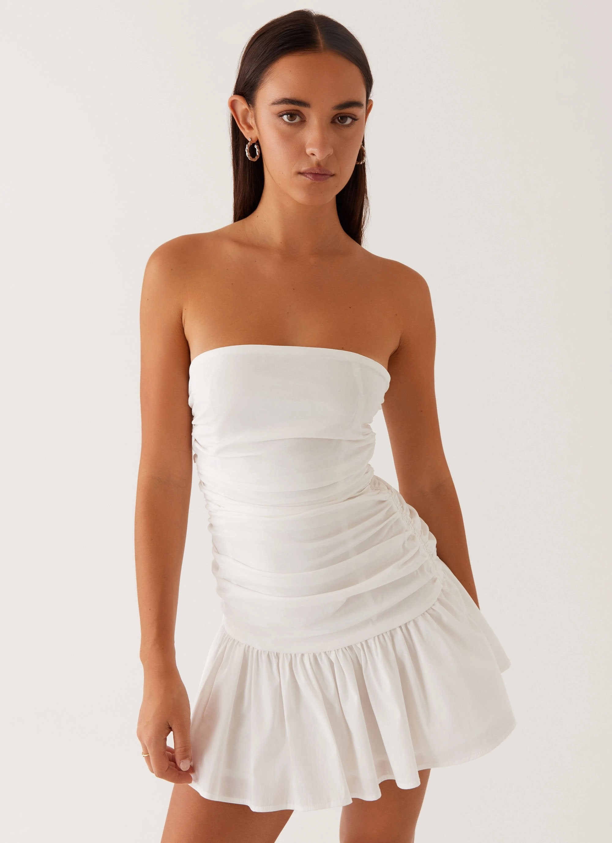 Feminine off-the-shoulder gown Layered Look Carmel Mini Dress - White