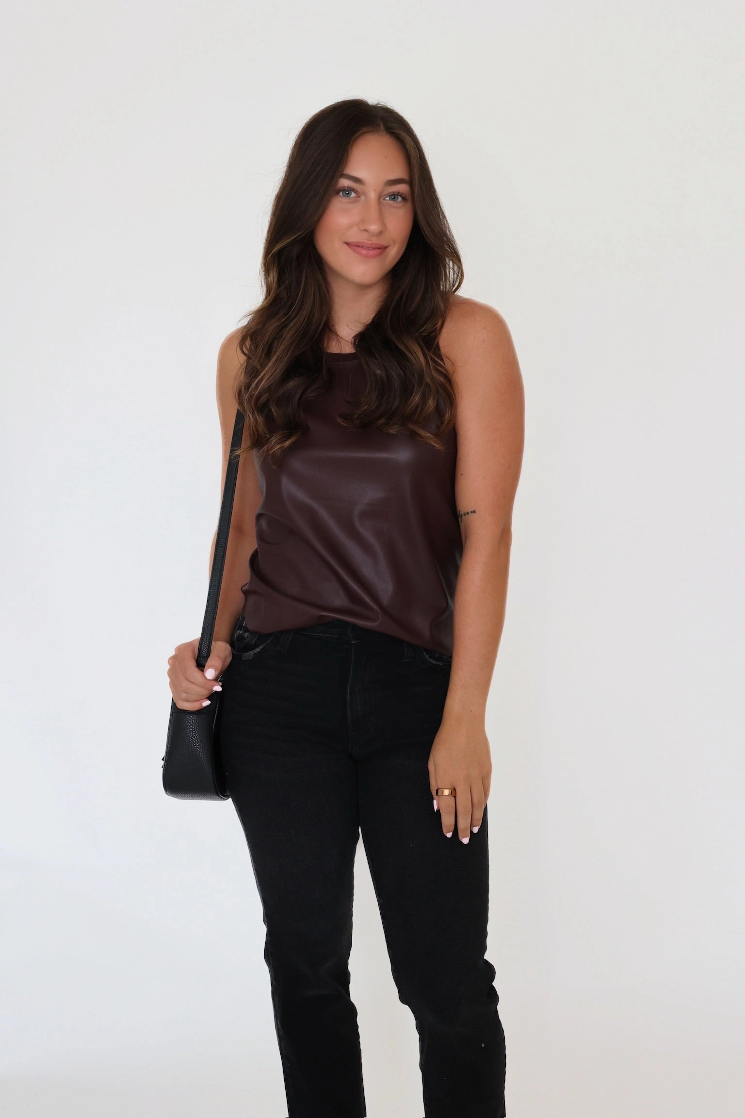 Carmela Vegan Leather Tank- Chocolate Comfy Cardigan Double Needle Hemming