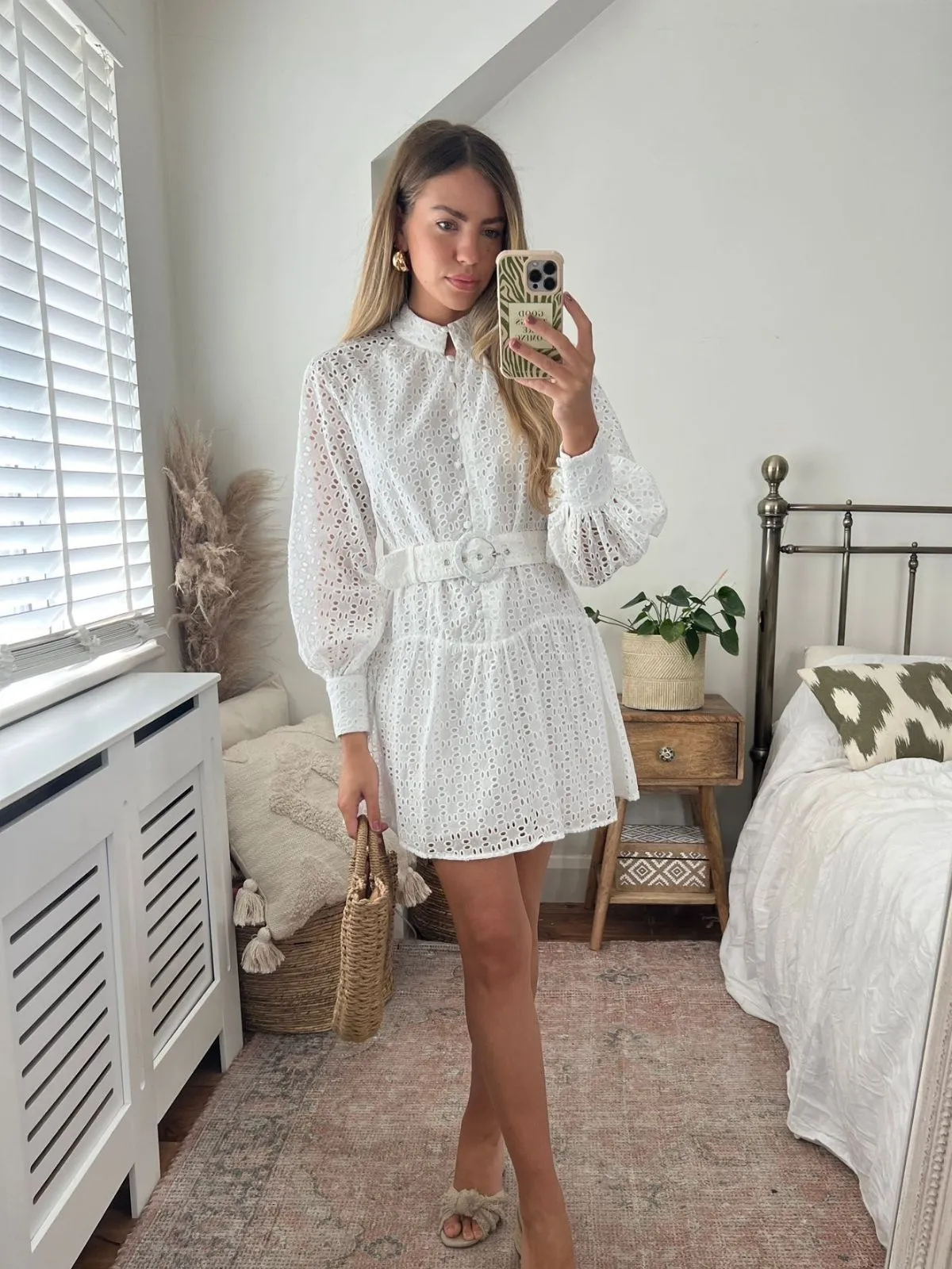 Carmen Broderie Mini Dress in White Travel Friendly Subtle Charm