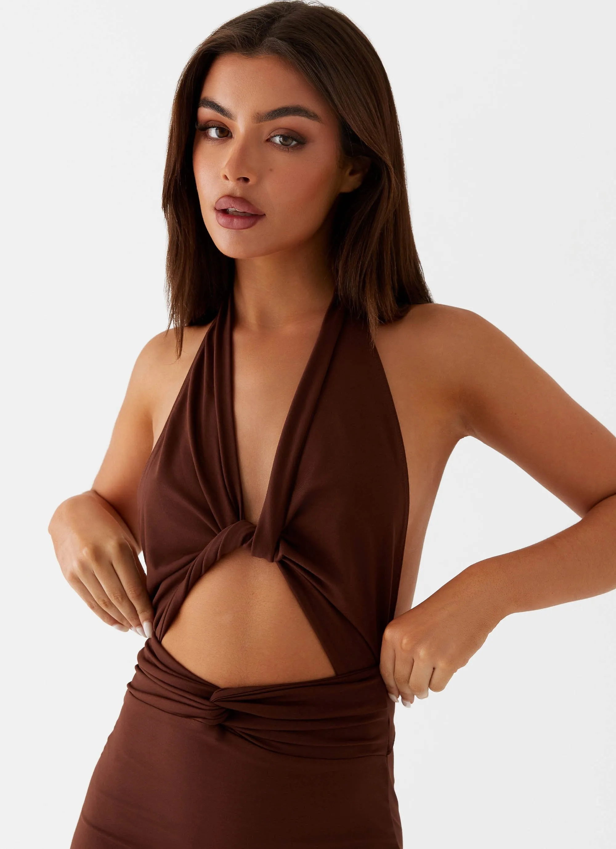 Carolina Twist Maxi Dress - Chocolate Classic Collar