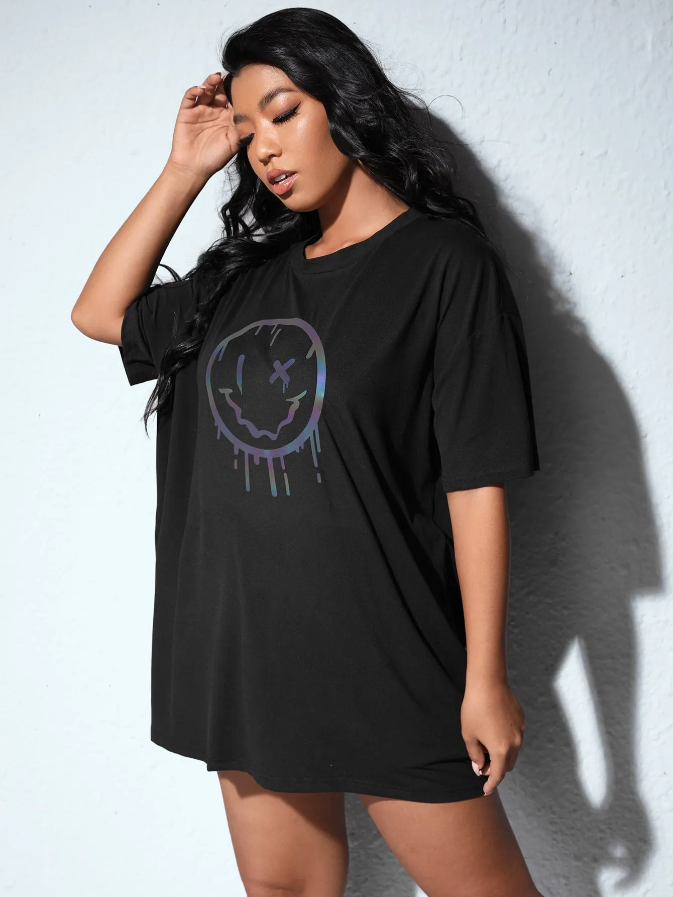 Cartoon Short Sleeve Round Neck Long Plus Size T-Shirt