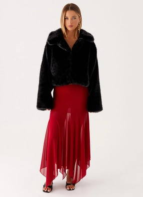 Carys Cropped Faux Fur Jacket - Black Anti Static Material Light Reflective Logos Button Fastenings Carys Cropped Faux Fur Jacket - Black