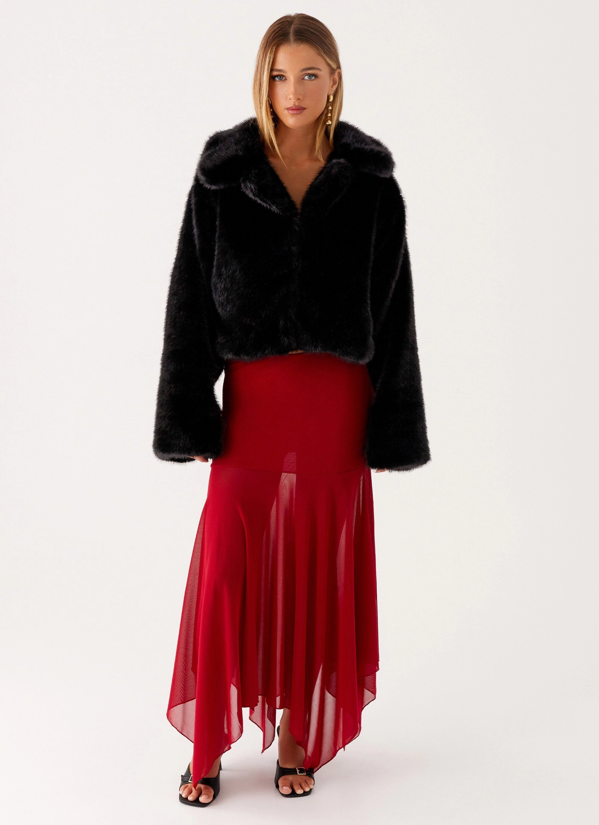 Light Reflective Logos Button Fastenings Carys Cropped Faux Fur Jacket - Black