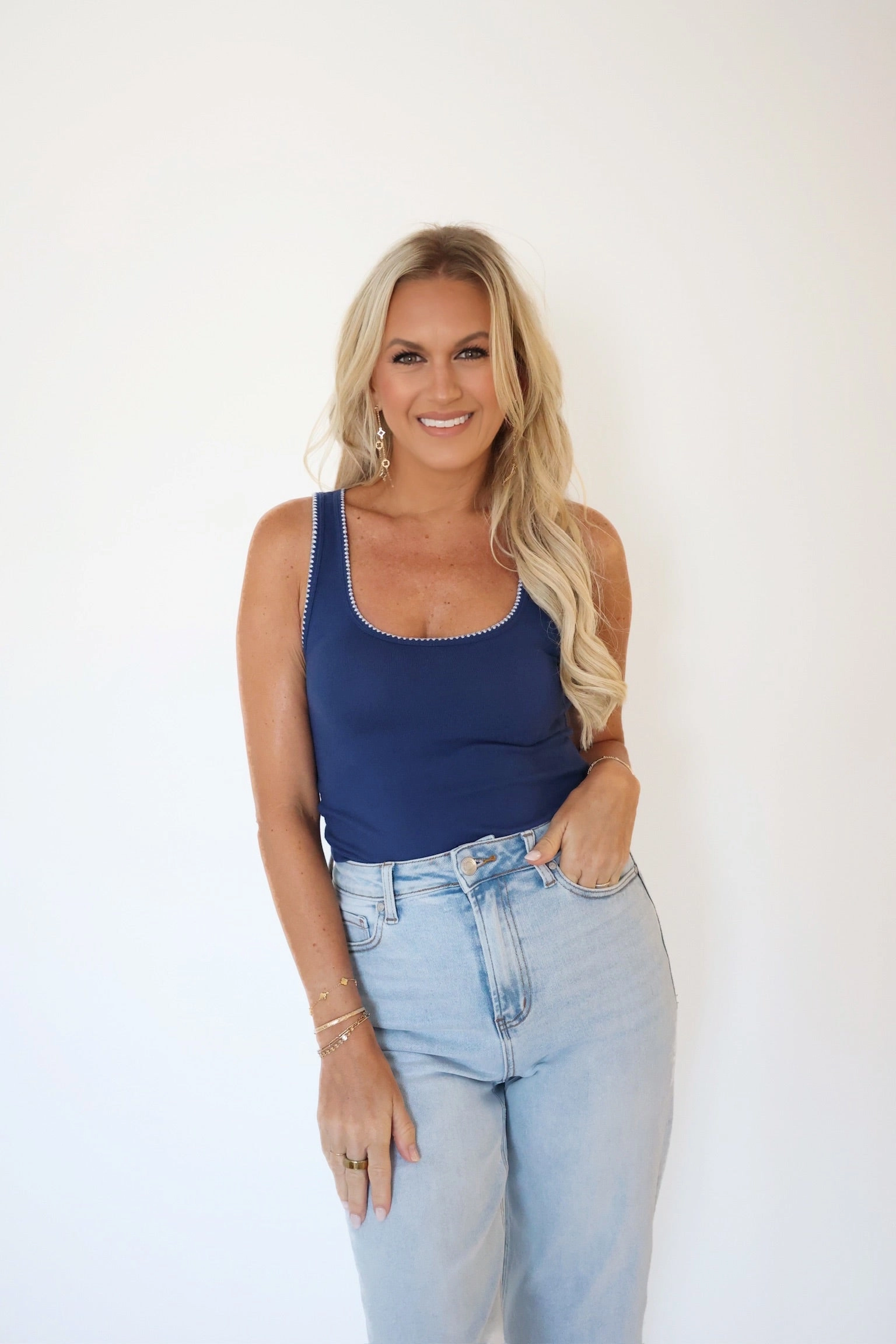 Casa Whipstitch Tank- Yacht Blue Breathable Tank