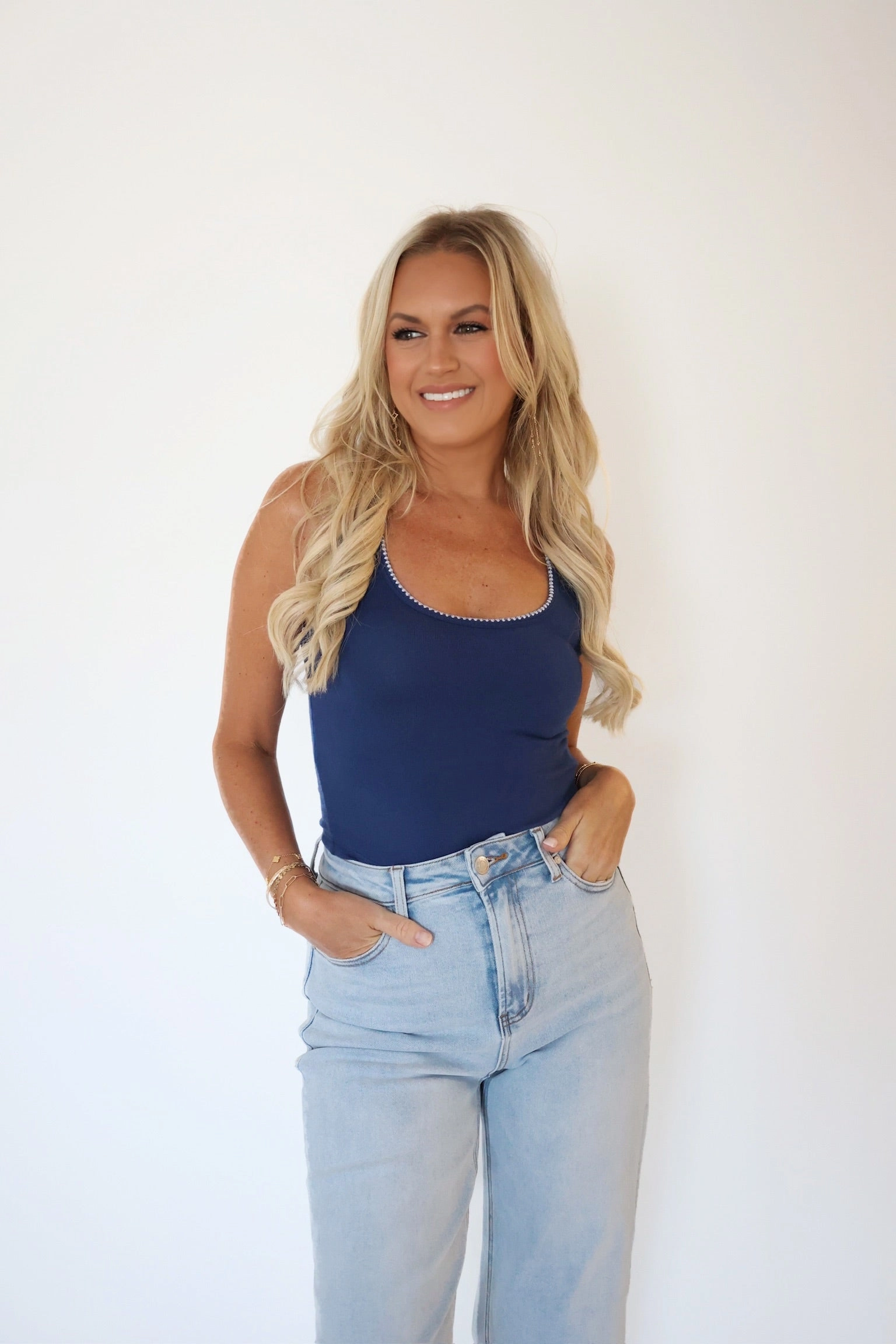 Odor Resistant Coating Reinforced Elbow Patches Casa Whipstitch Tank- Yacht Blue