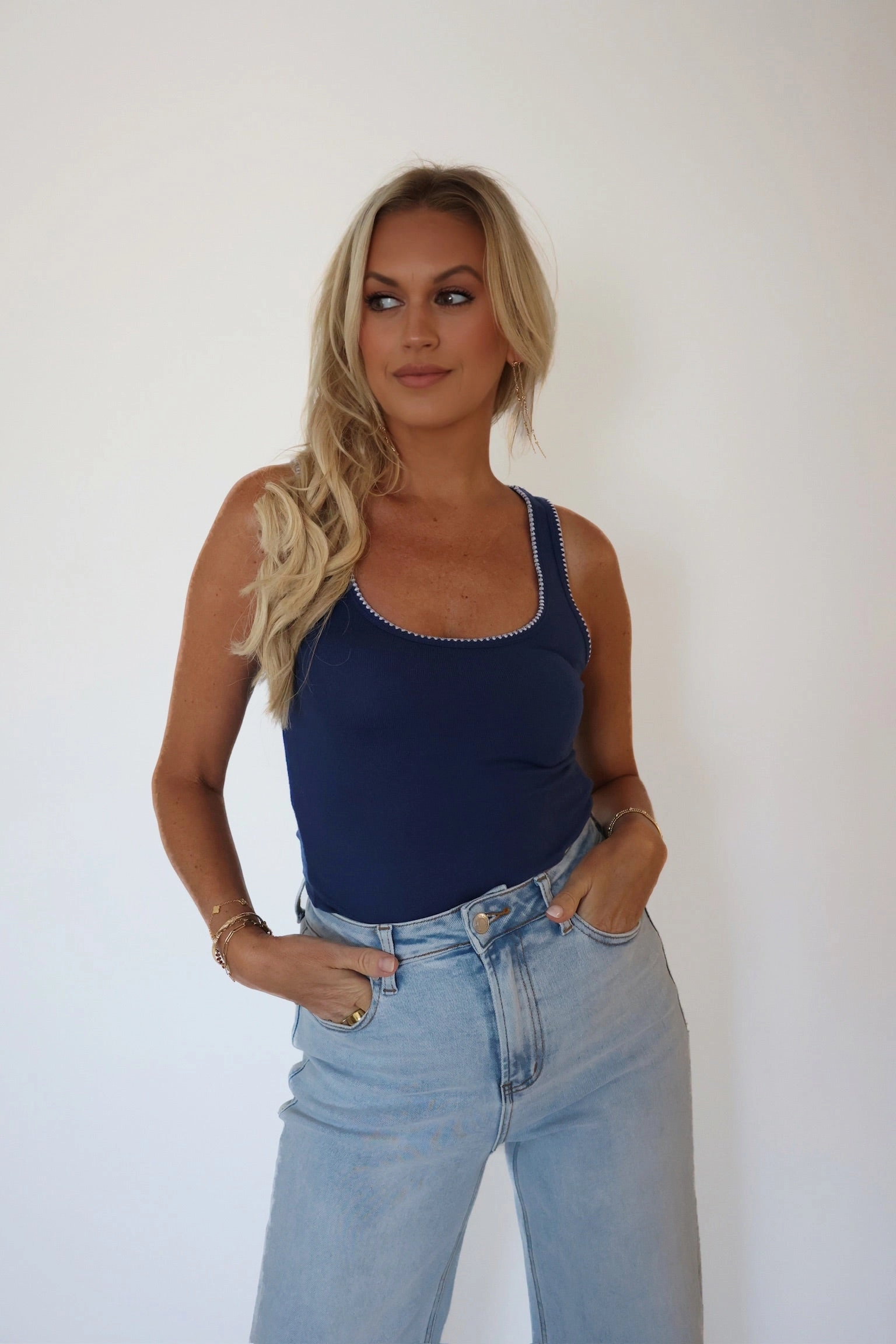 FadeResistant Dye Machine Washable Fabric Casa Whipstitch Tank- Yacht Blue