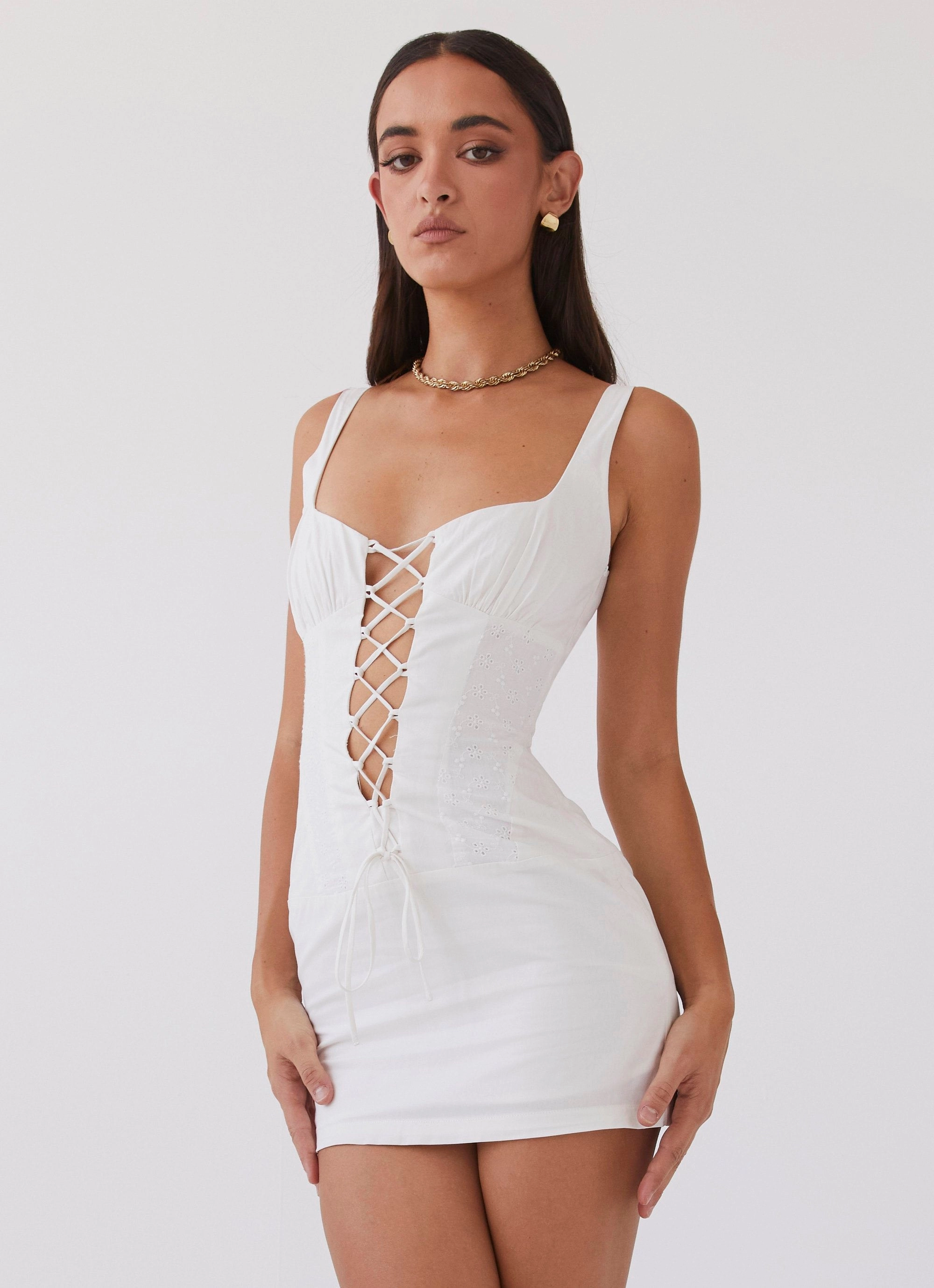 Cozy And Stylish Profile Enhancer Casey Lace Up Mini Dress - White