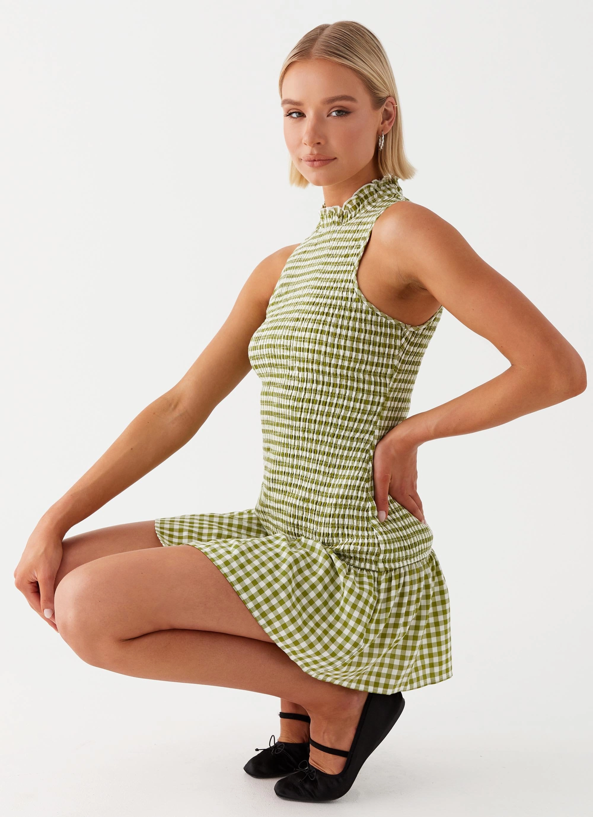 Cassie shirred Mini Dress - Khaki Gingham Elegant Touch
