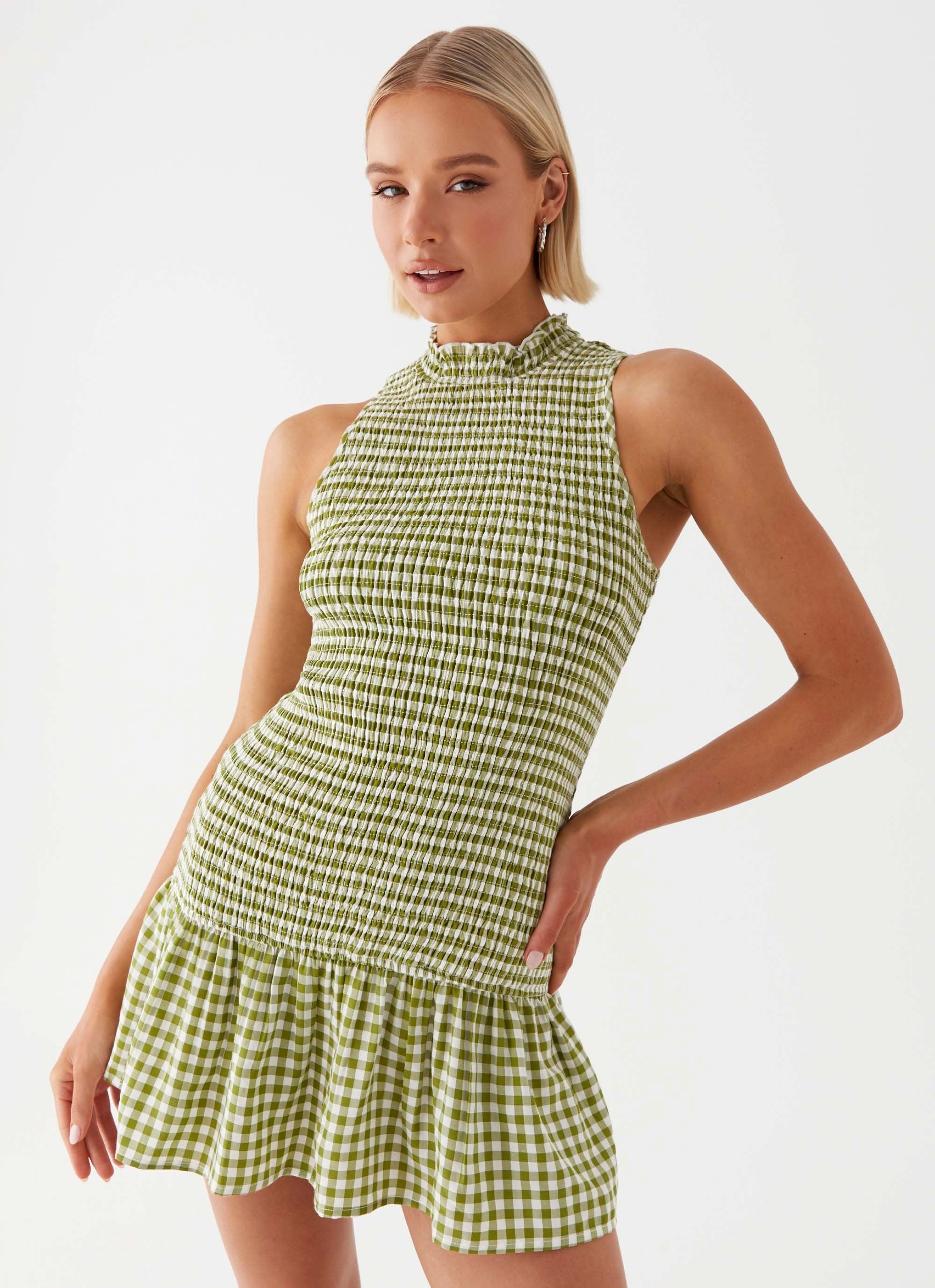 Cassie shirred Mini Dress - Khaki Gingham Classic Edge Minimal Design