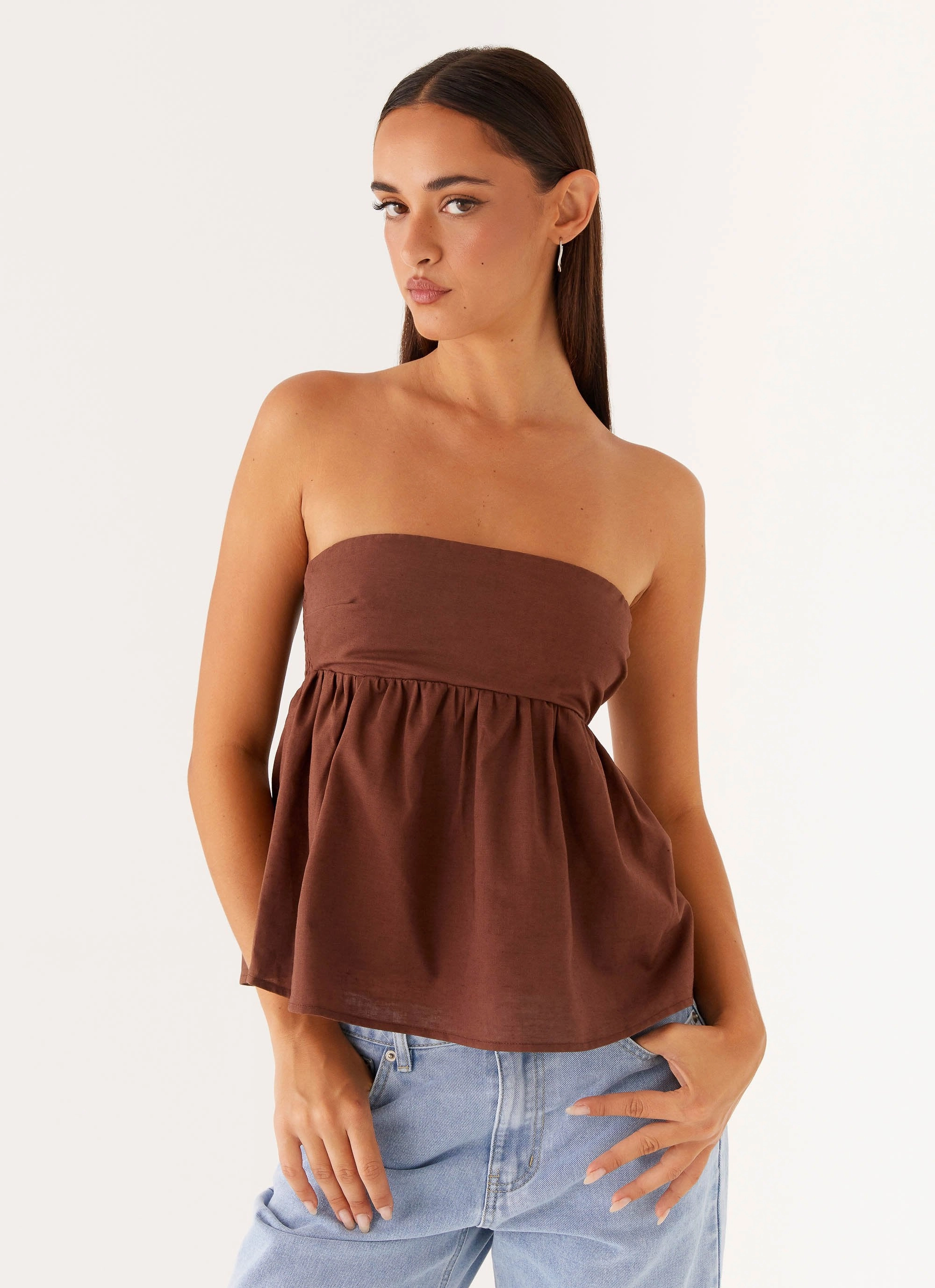 Cassie Tube Top - Chocolate Airflow Mesh Insert Loose Blouse