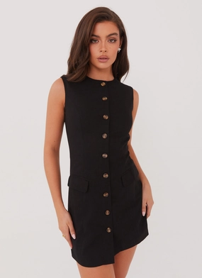 Sophisticated Waistband Fit Castello Fiore Linen Mini Dress - Black