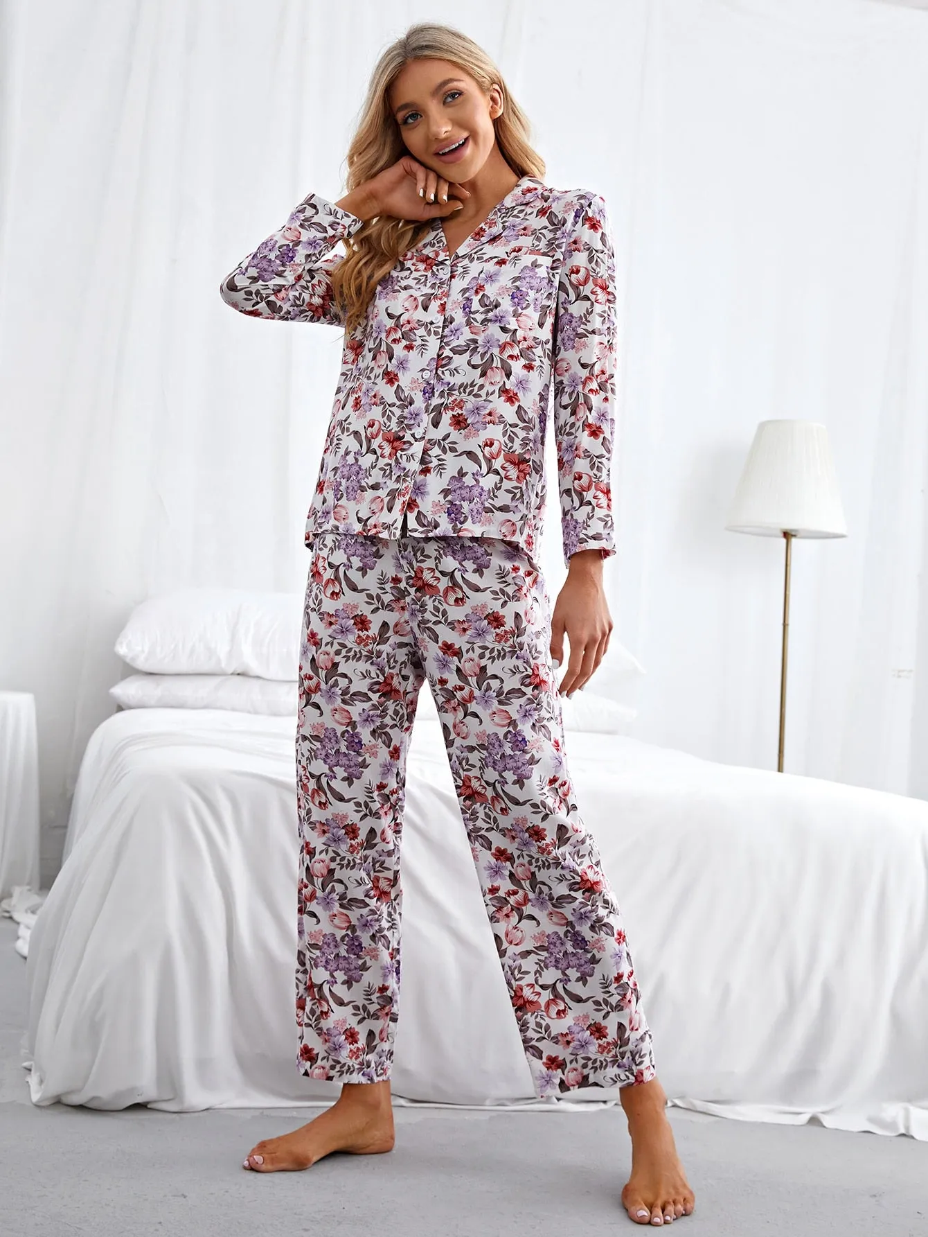 Casual All Over Print Button Front Long Sleeve Lapel Women Pajama Sets