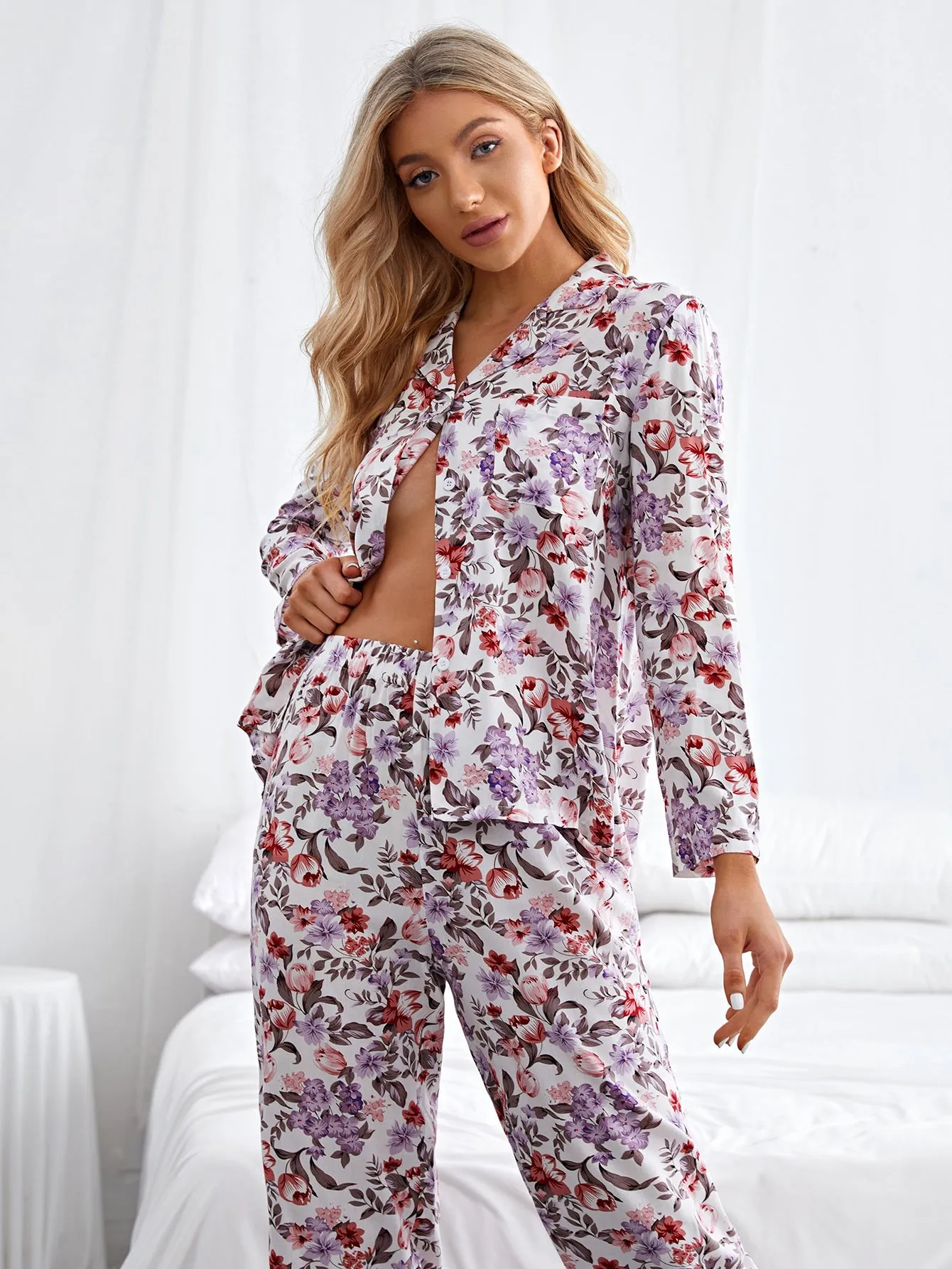 Casual All Over Print Button Front Long Sleeve Lapel Women Pajama Sets