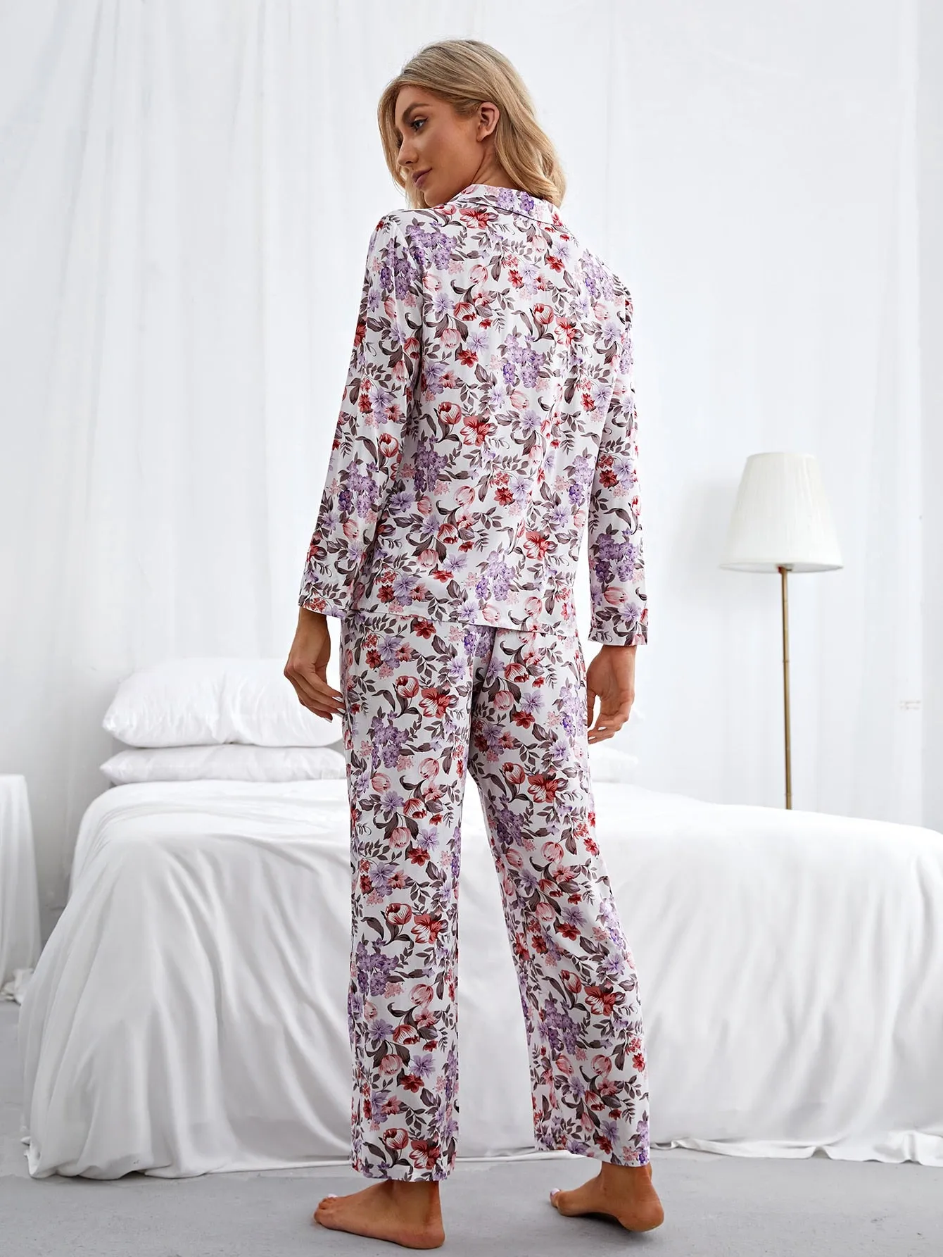 Casual All Over Print Button Front Long Sleeve Lapel Women Pajama Sets