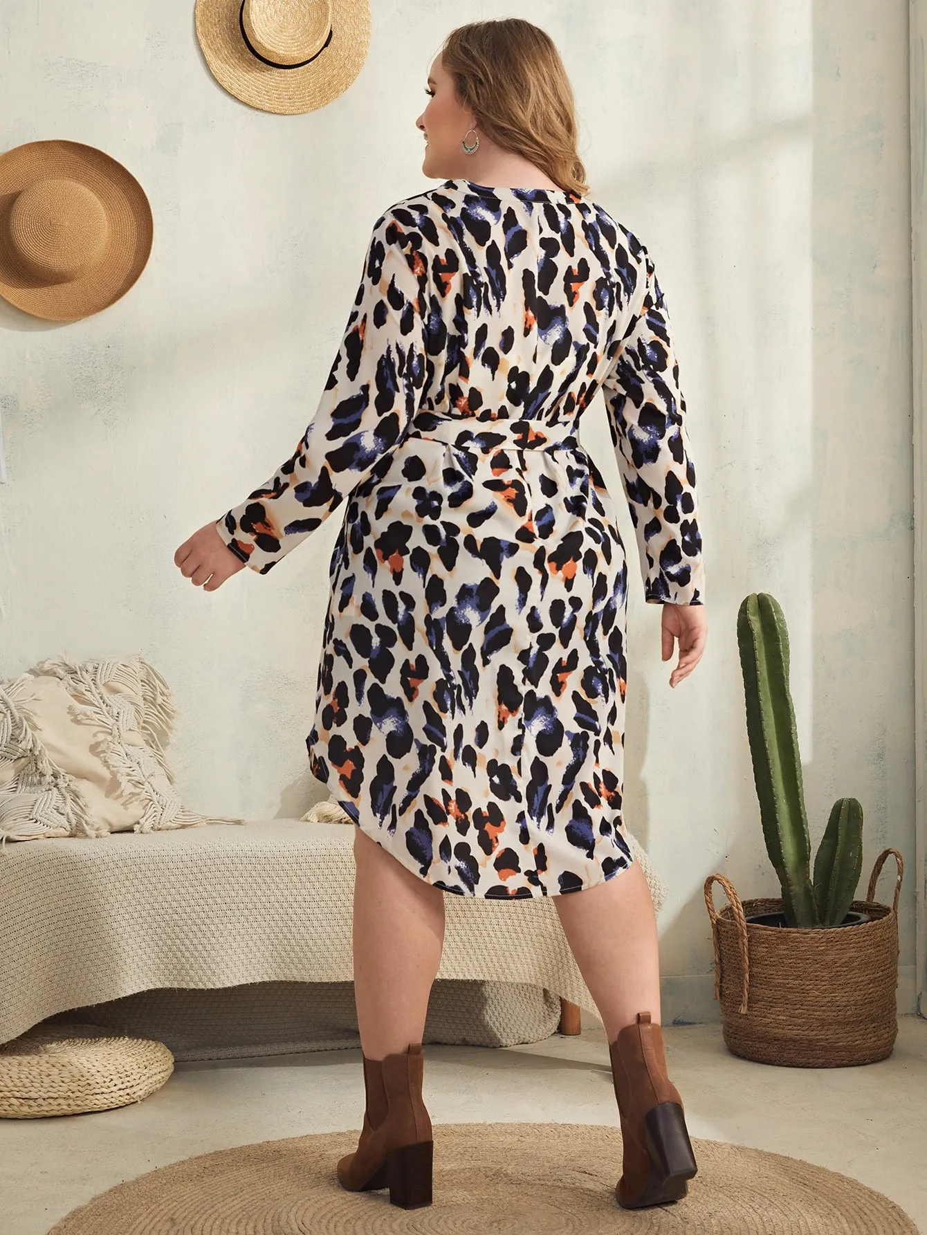 Casual All Over Print High Low Long Sleeve Collar Straight High Waist Short Plus Size Dress