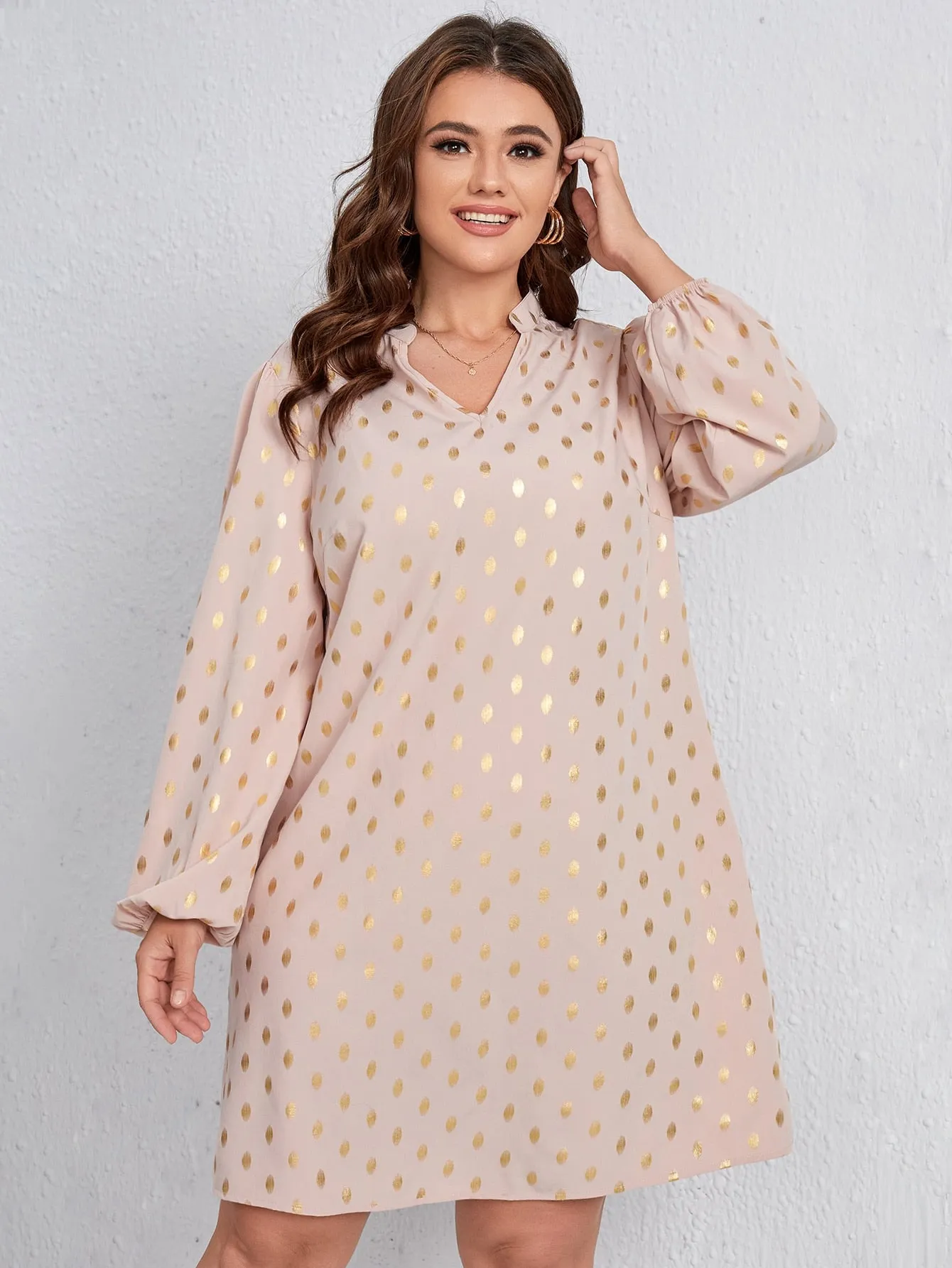 Casual All Over Print Long Sleeve Notched Straight High Waist Short Plus Size Dress