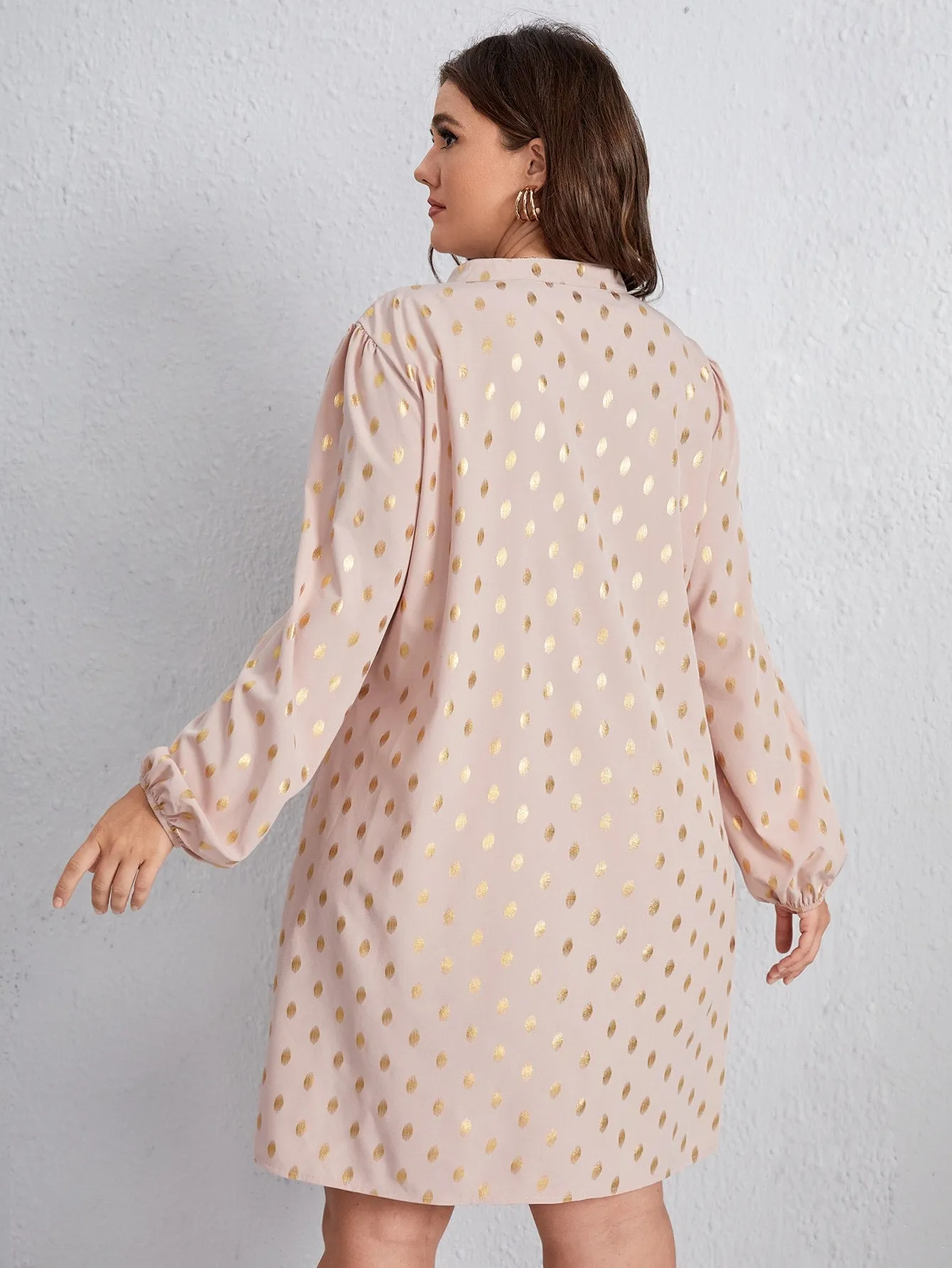 Casual All Over Print Long Sleeve Notched Straight High Waist Short Plus Size Dress