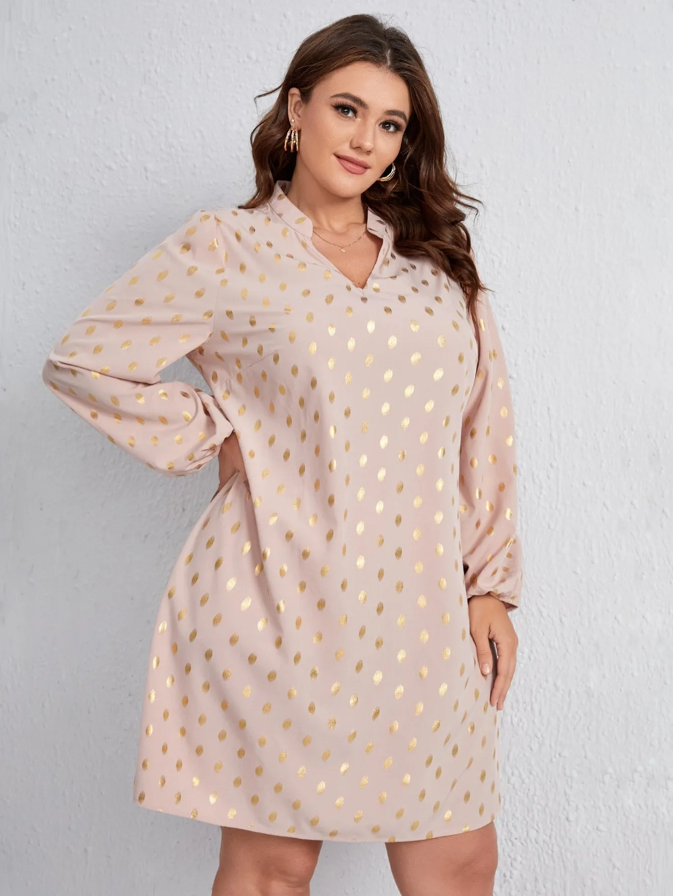 Casual All Over Print Long Sleeve Notched Straight High Waist Short Plus Size Dress