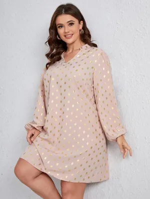 Casual All Over Print Long Sleeve Notched Straight High Waist Short Plus Size Dress