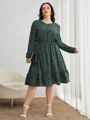 Casual All Over Print Ruffle Hem Long Sleeve Round Neck Flounce High Waist Midi Plus Size Dress