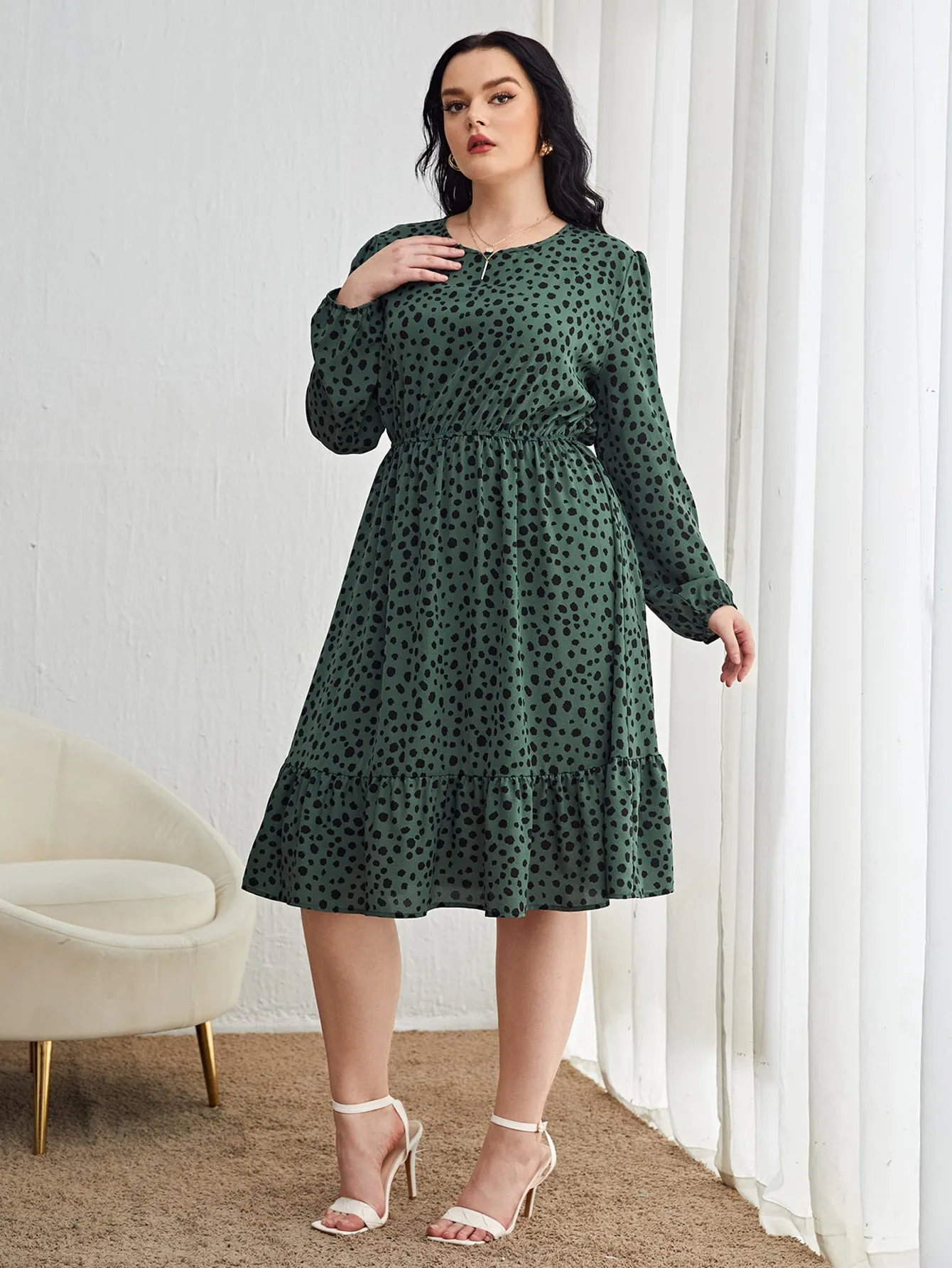 Casual All Over Print Ruffle Hem Long Sleeve Round Neck Flounce High Waist Midi Plus Size Dress