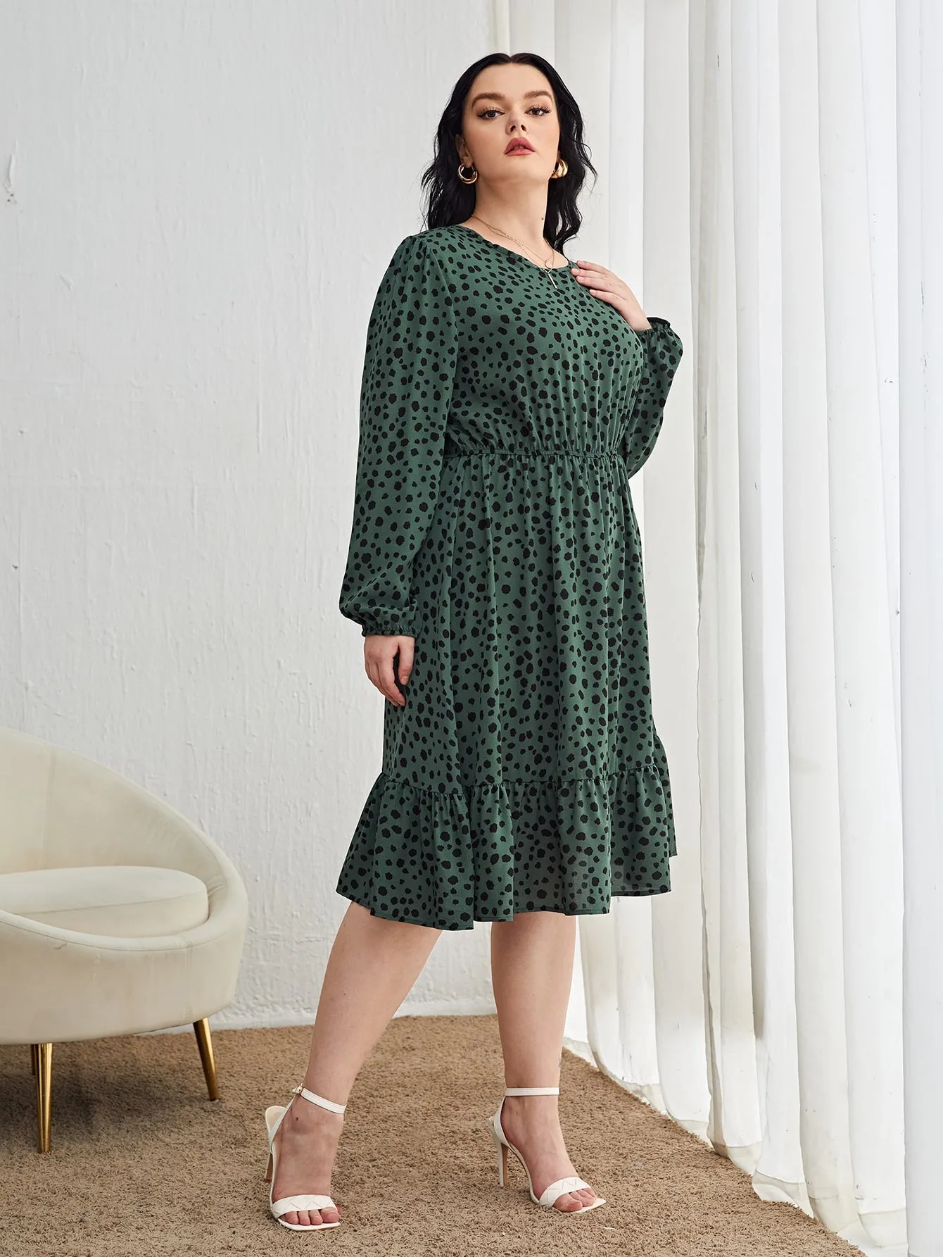 Casual All Over Print Ruffle Hem Long Sleeve Round Neck Flounce High Waist Midi Plus Size Dress