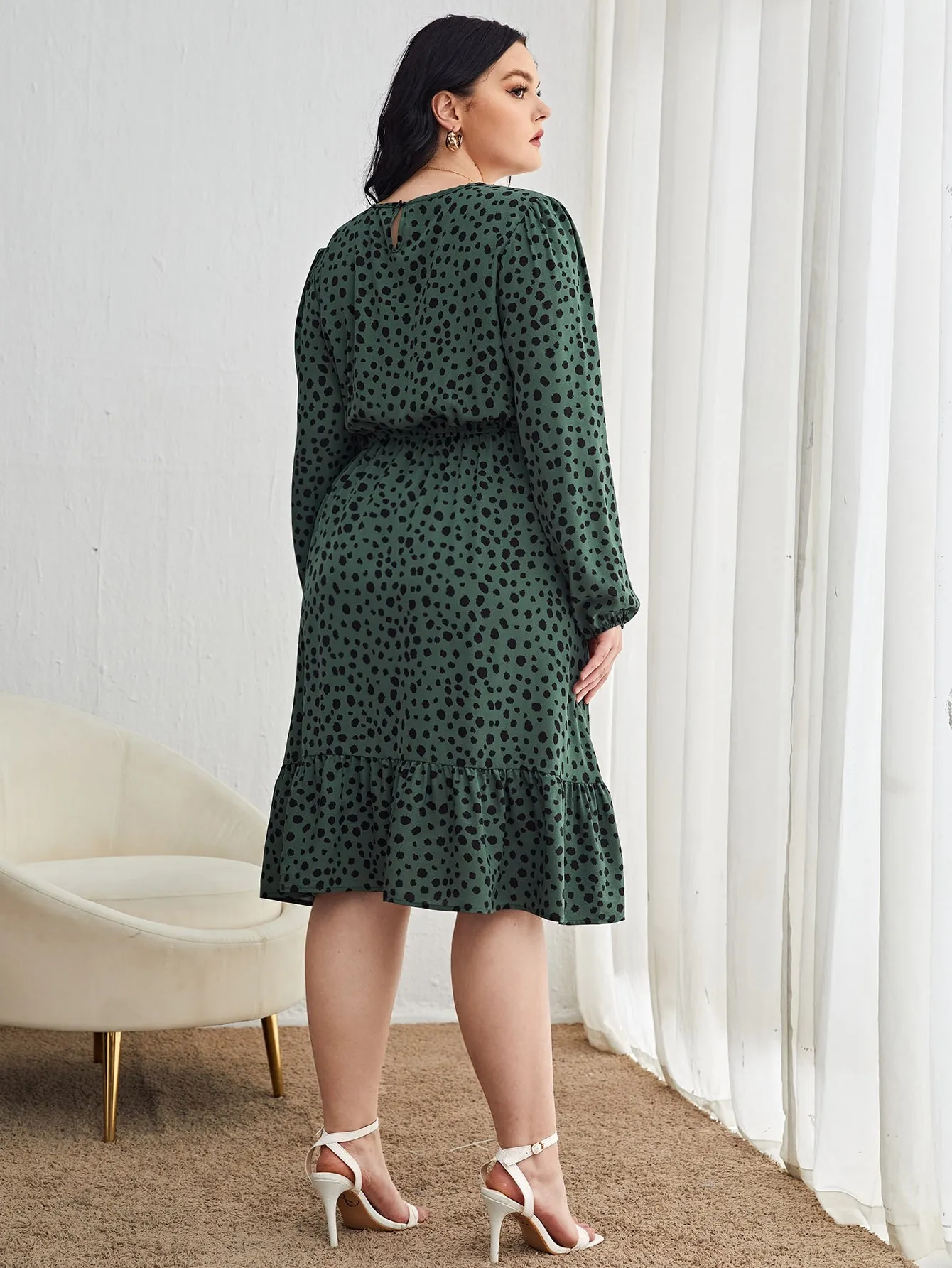Casual All Over Print Ruffle Hem Long Sleeve Round Neck Flounce High Waist Midi Plus Size Dress