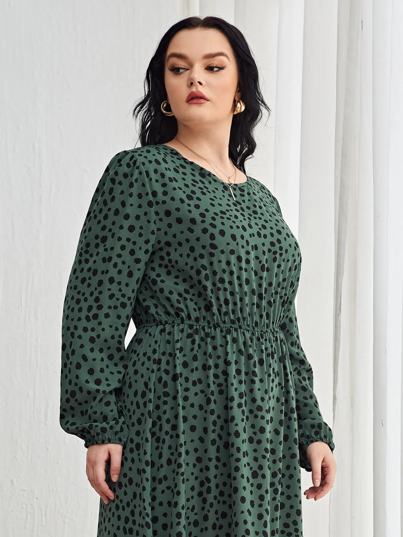 Casual All Over Print Ruffle Hem Long Sleeve Round Neck Flounce High Waist Midi Plus Size Dress