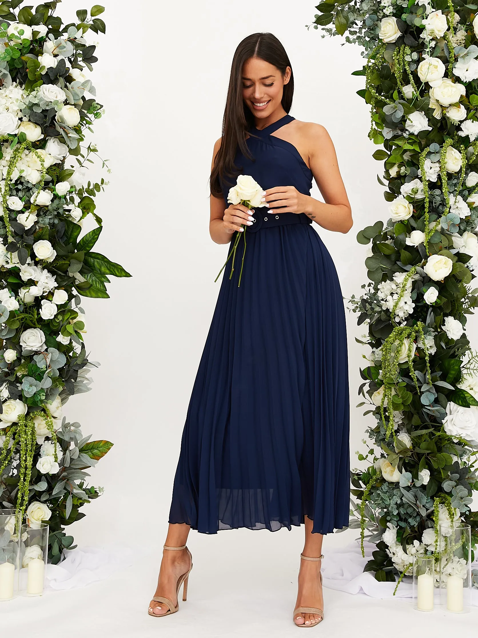 Graceful Ease Soft-Lining Cross Neck Pleated Midaxi Chiffon Dress / Navy