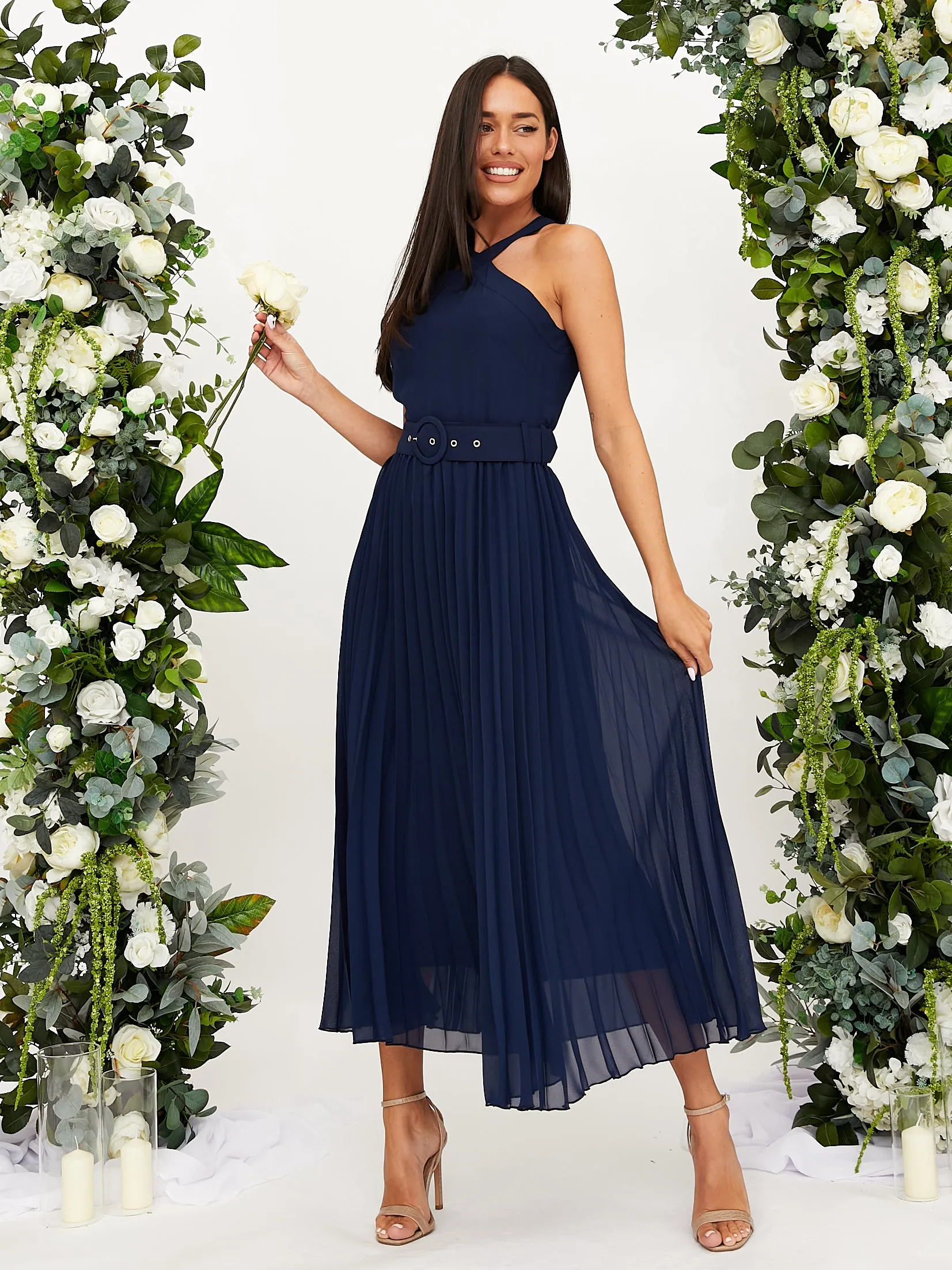 Special-Occasion Romantic-Detail Cross Neck Pleated Midaxi Chiffon Dress / Navy