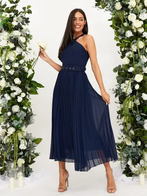 Special-Occasion Romantic-Detail Cross Neck Pleated Midaxi Chiffon Dress / Navy
