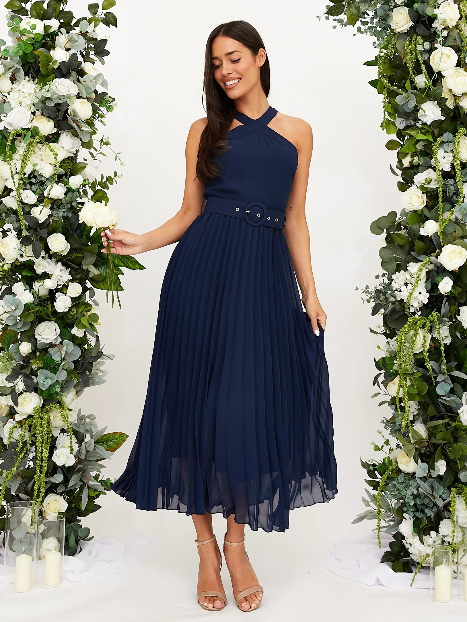 Soft And Comfortable Cross Neck Pleated Midaxi Chiffon Dress / Navy