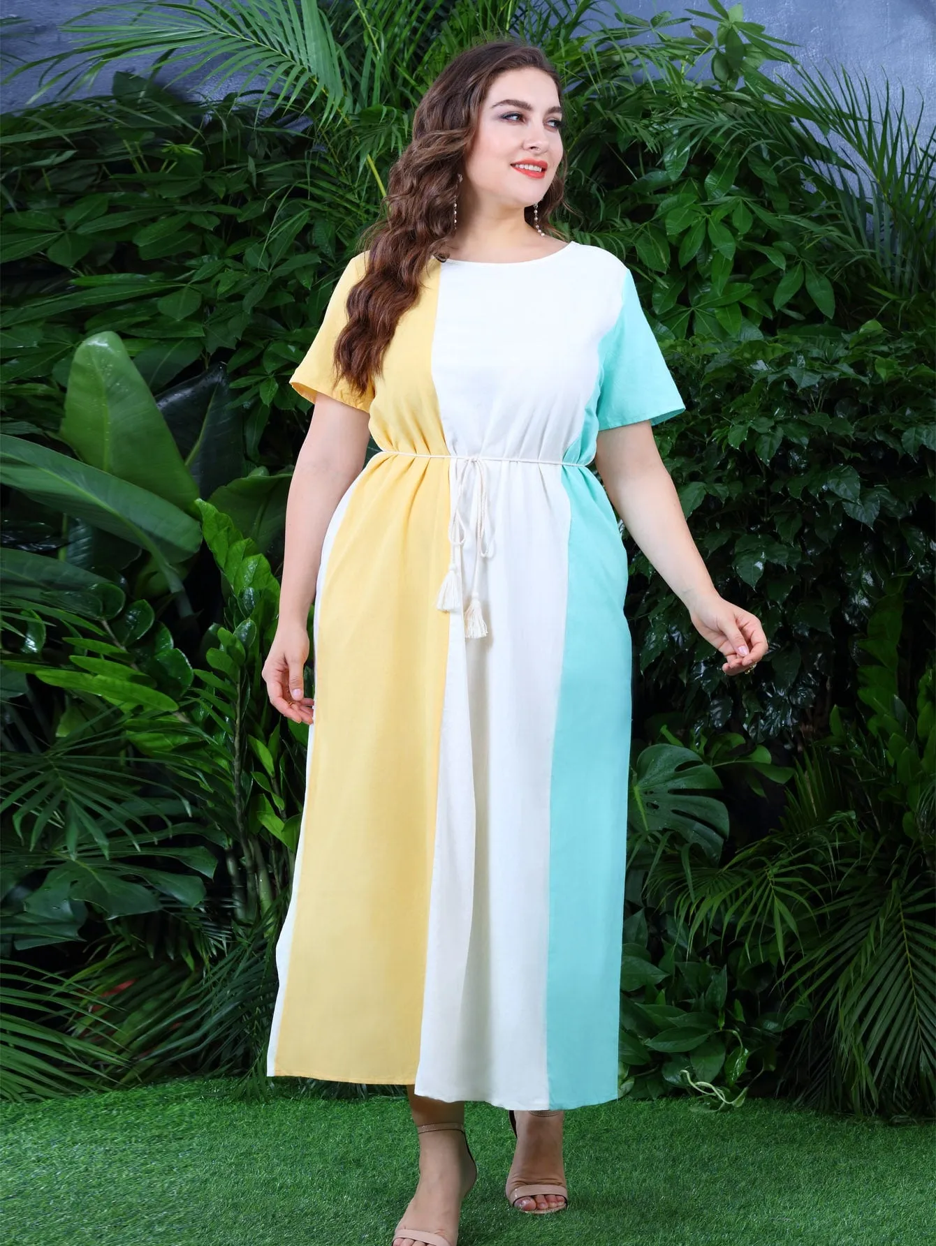 Casual Colorblock Knot Short Sleeve Round Neck Flared High Waist Long Plus Size Dress