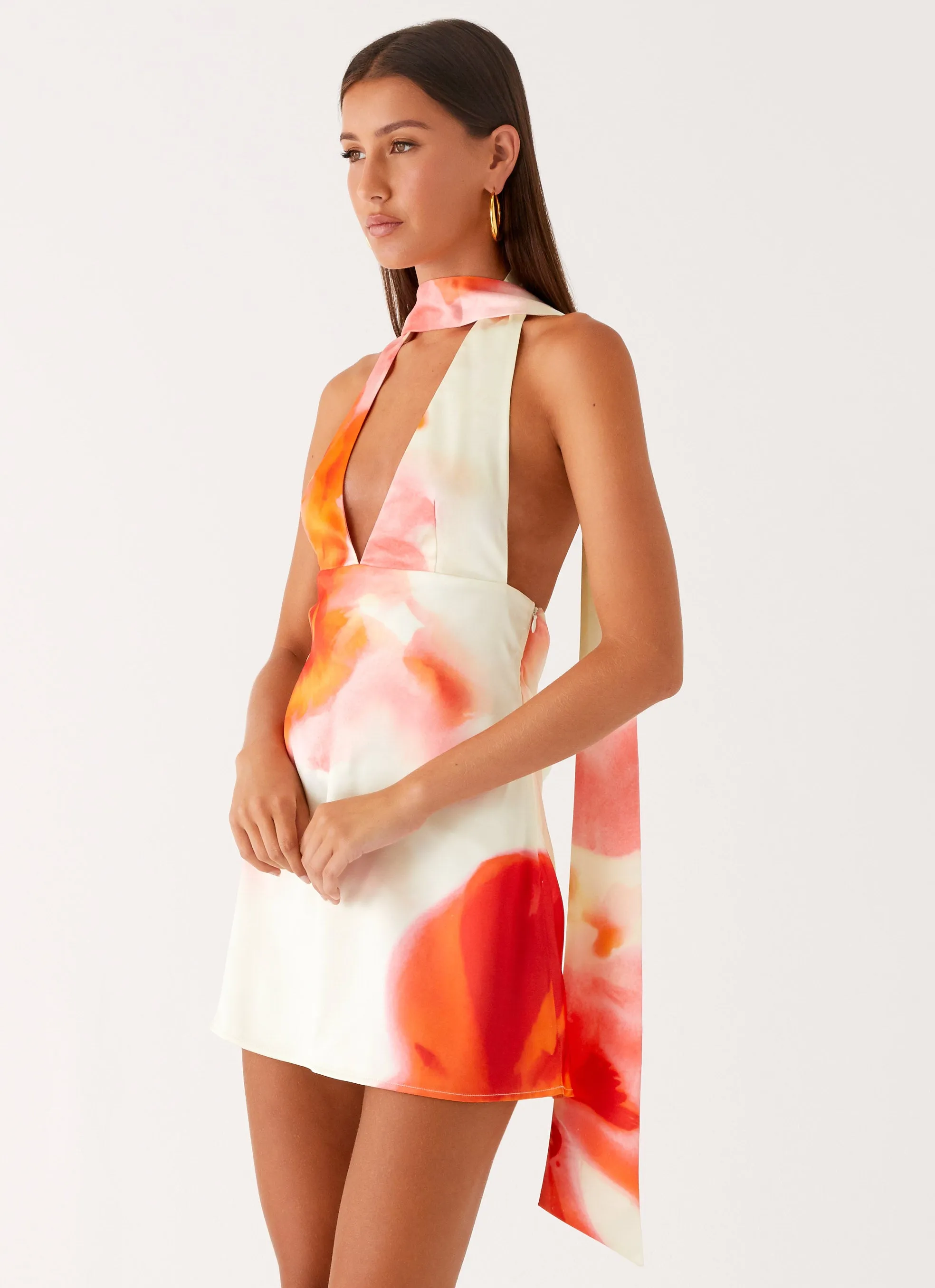 Alicia Satin Halter Mini Dress - Mimosa Blossom Contemporary Look Subtle Details