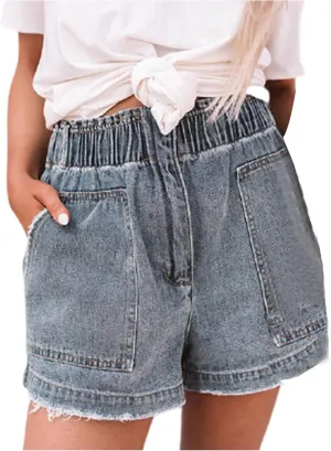 Casual Denim Shorts for Women Elastic High Waisted Ripped Short Jean 2025 Stretchy Elastic Waist Jean with Pockets
