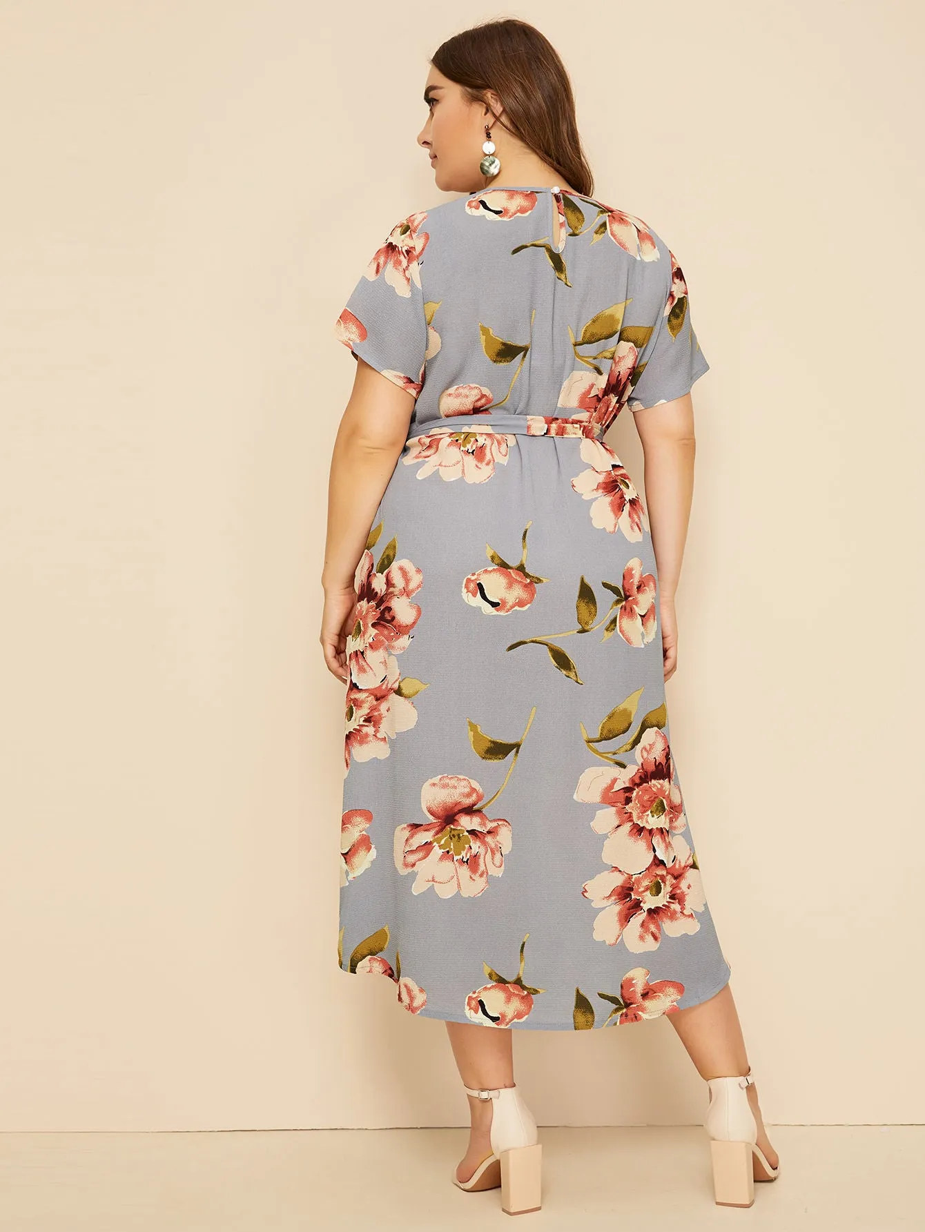 Casual Floral Belted Short Sleeve Round Neck High Waist Long Plus Size Dress