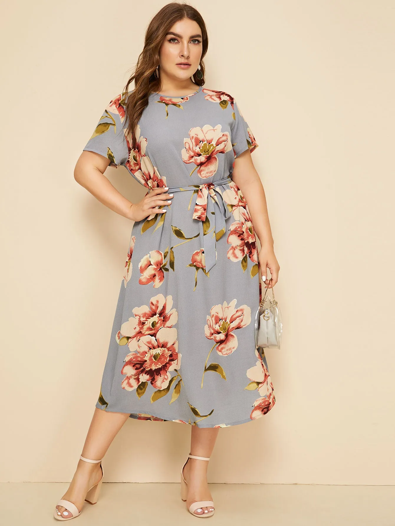 Casual Floral Belted Short Sleeve Round Neck High Waist Long Plus Size Dress