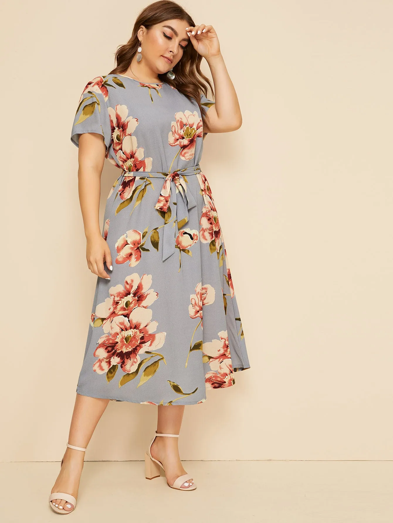 Casual Floral Belted Short Sleeve Round Neck High Waist Long Plus Size Dress