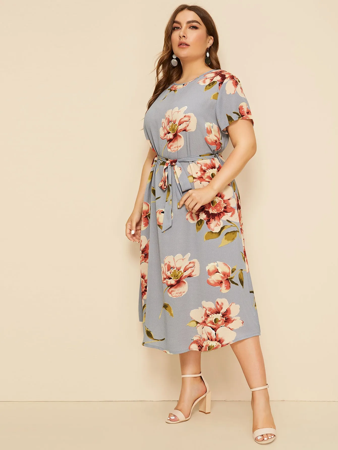 Casual Floral Belted Short Sleeve Round Neck High Waist Long Plus Size Dress