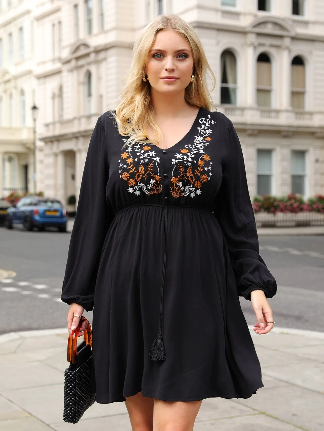 Casual Floral Button Front Long Sleeve V Neck Flared High Waist Short Plus Size Dress