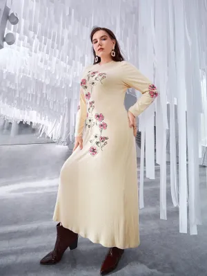 Casual Floral Long Sleeve Round Neck Straight Natural Midi Plus Size Dress